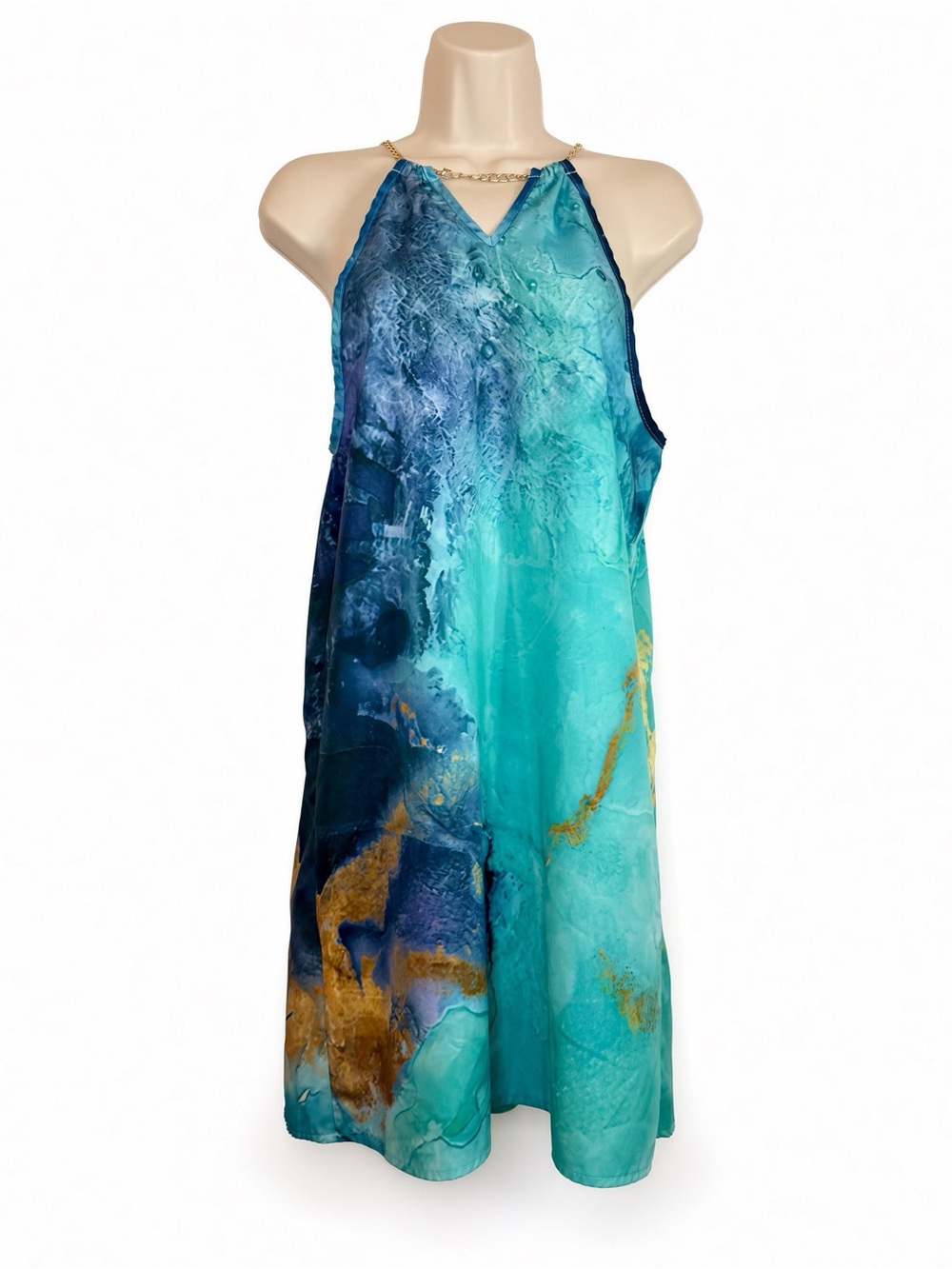 Emery Rose S Teal Blue Gold Chain Halter Dress Watercolor Marble Mini